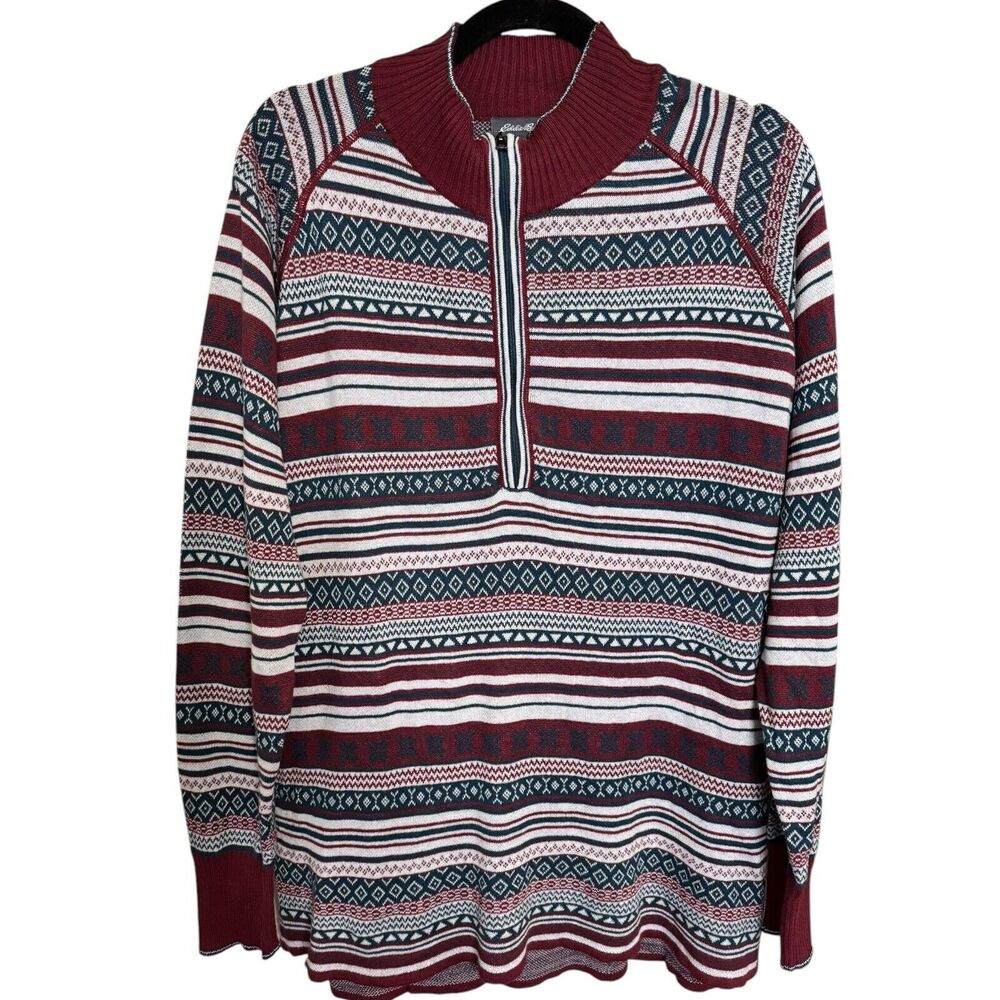 Eddie Bauer Fair Isle Burgundy Blue Striped 1/4 Zip Women’s Sweater Sz 2xL - Picture 1 of 6
